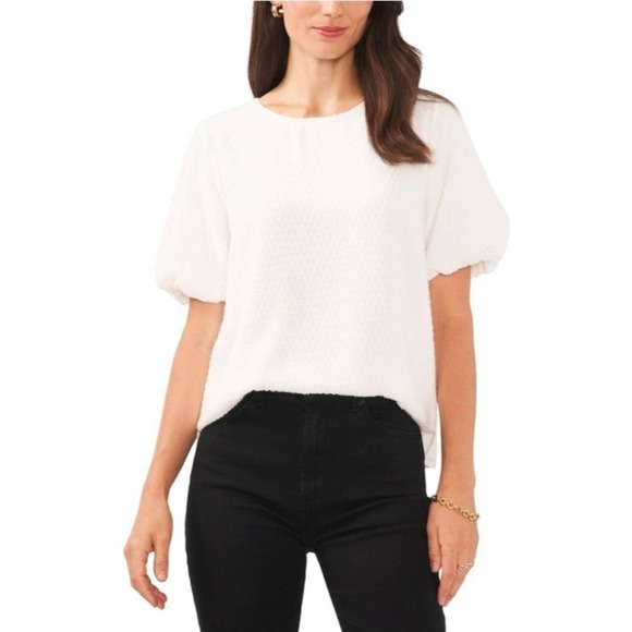 Vince Camuto Textured Blouse Puff Sleeve Crew Neck‎ Ivory White Top XS NWT $89 - Picture 1 of 12